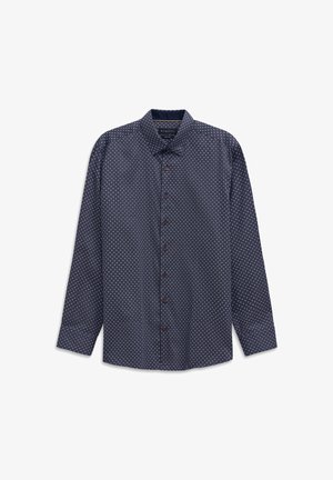 Camicia di colore navy con maniche lunghe, chiusura a bottoni e piccoli motivi geometrici. Presenta un colletto classico e bottoni marroni.