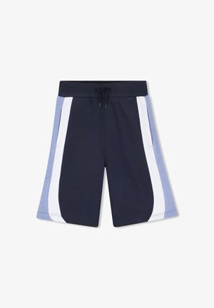 Pantaloncini blu navy fino al ginocchio con pannelli laterali azzurri e bianchi, vita elastica e coulisse nera, mostrati distesi su sfondo bianco.
