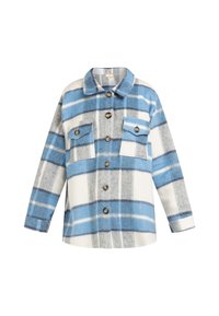 Geruite flanellen shirt in blauw, wit en grijs. Beschikt over een kraag, twee borstzakken en bruine knopen. Zachte textuur en een relaxte pasvorm.