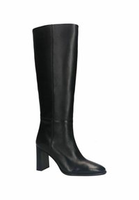 Bottes en cuir noir montantes jusqu'au genou, avec un bout pointu et un talon bloc. Texture lisse avec un design épuré et minimaliste et des détails de couture subtils.