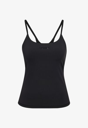 Zwarte sporttanktop met dunne verstelbare bandjes, ronde halslijn, gemaakt van rekbare stof; heeft een subtiel logodetail aan de voorkant.
