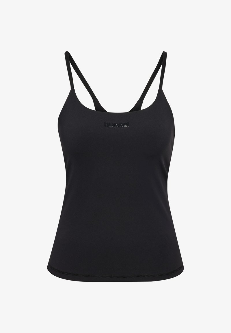 Sort atletisk tanktop med tynde justerbare stropper, rund halsudskæring, lavet af strækstof; har en diskret logodetalje foran.