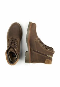 Bruine leren veterschoenen met een robuuste zool, een met bont gevoerde kraag, een zijrits en contrasterende tan stikdetails.