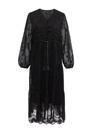 Schwarzes Midikleid mit transparenten floralen Spitzen-Langärmeln, V-Ausschnitt, vorne geknöpft, stufigem Rock und geflochtenem Bindegürtel mit Quasten an der Taille.