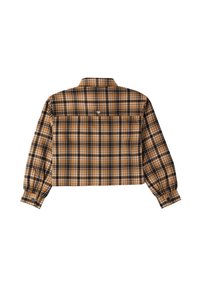 Camisa de cuadros recortada en marrón, negro y crema. Cuenta con mangas largas, un puño con botones y un yugo trasero con un detalle de logo.