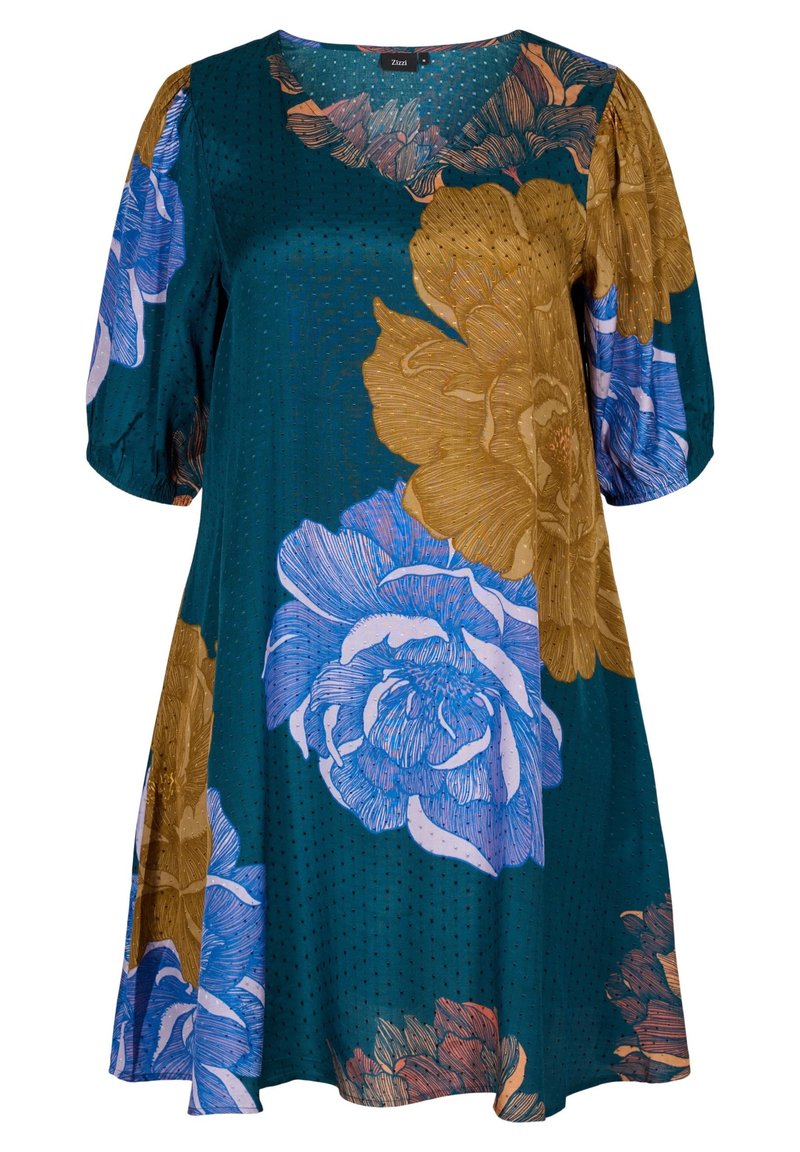 Un vestito turchese con una texture a pois, caratterizzato da grandi motivi floreali blu e oro, e maniche corte ampie e pompose.