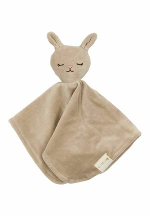 Morbida copertina beige per neonato con testa di coniglio assonnato, occhi chiusi, naso rosa e etichetta in tessuto nell’angolo.