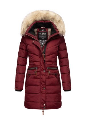 Padded maroon coat with a fur-lined hood, zippered pockets, and a waist drawstring. Features quilted texture and a snap-button closure.