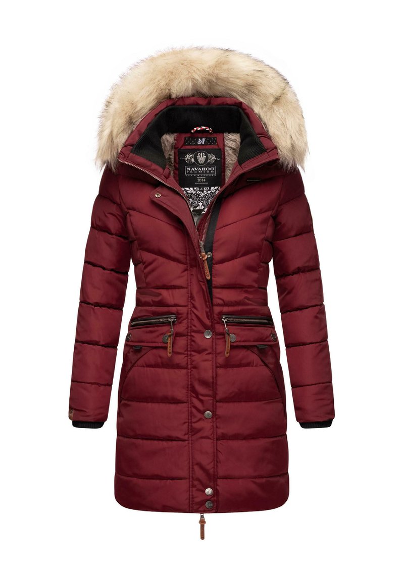 Padded maroon coat with a fur-lined hood, zippered pockets, and a waist drawstring. Features quilted texture and a snap-button closure.