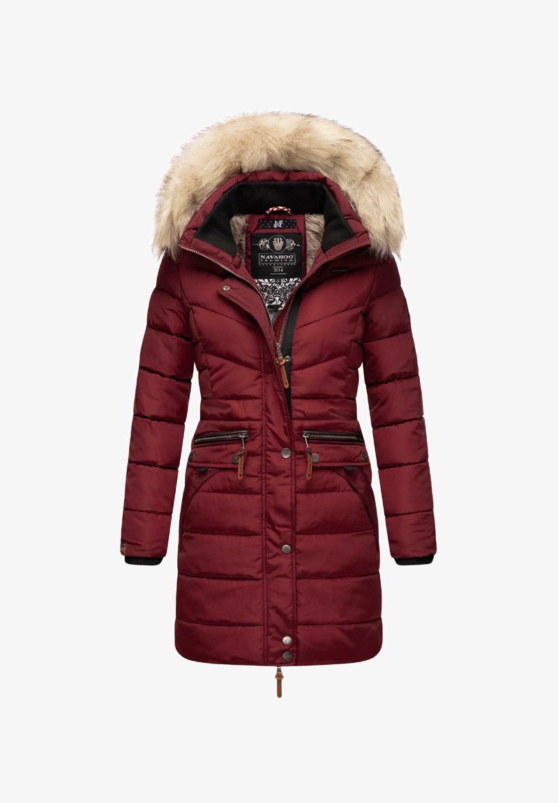 Padded maroon coat with a fur-lined hood, zippered pockets, and a waist drawstring. Features quilted texture and a snap-button closure.