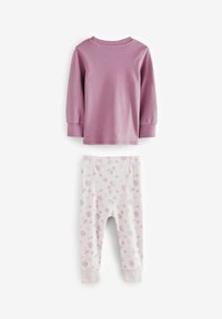 Chemise violette à manches longues avec col rond et leggings à motif floral rose. Tissu doux avec des poignets et une taille élastiques pour le confort.