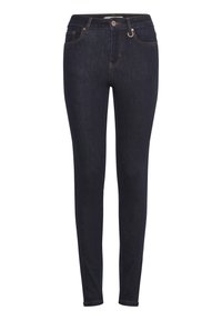 Sötétkék farmernadrág slim fit szabással, öt zsebes dizájnnal, steppelt varratokkal és márkázott gombos záródással a deréknál.