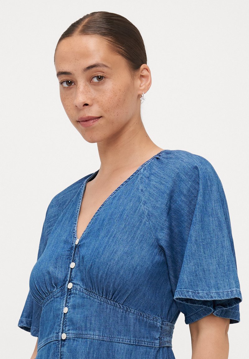 gap puff sleeve denim dress Denim Puff-Sleeve Sweetheart Mini Dress