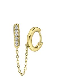 Boucles d'oreilles dorées avec une barre verticale ornée de cinq pierres claires et une chaîne reliée à un fermoir en anneau.