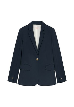 Marineblauwe op maat gemaakte blazer met notch revers, enkele gouden knoopsluiting, klepzakken en gouden knopen op de mouwen.