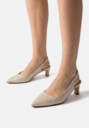 Beige Slingback-Pumps mit spitzer Spitze und Blockabsatz, getragen an nackten Füßen, vor einem einfarbigen hellen Hintergrund gezeigt.