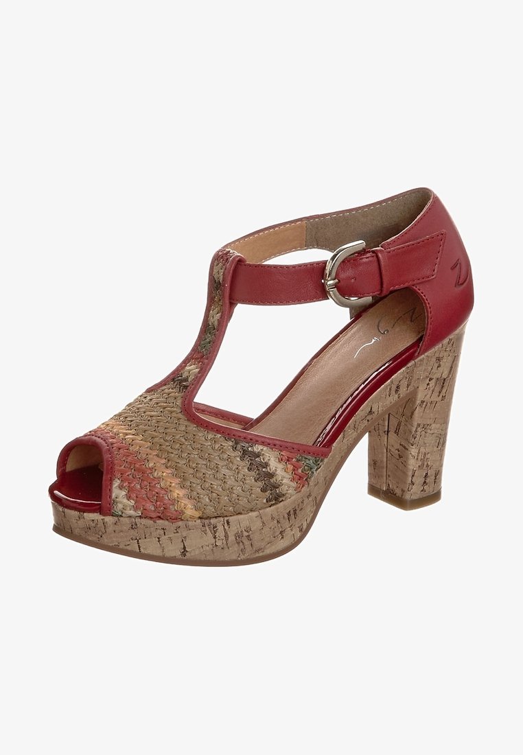Sandalo con tacco alto da donna con piattaforma in sughero, cinturini in pelle rossa, parte anteriore intrecciata multicolore, punta scoperta e chiusura con fibbia regolabile.