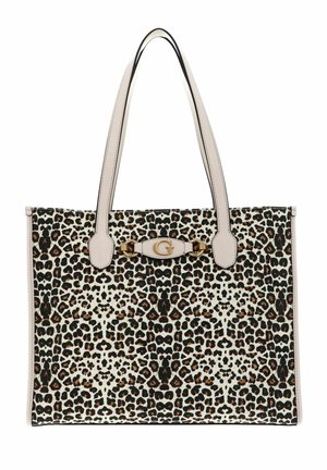 Sac fourre-tout en imprimé léopard avec des finitions et des poignées en cuir beige, arborant un accent logo doré et une forme rectangulaire structurée.