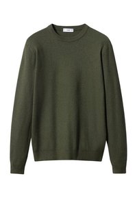 Olivgrüner Strickpullover mit gerippter Textur, langen Ärmeln und Rundhalsausschnitt; hat einen eng anliegenden Bund und Bündchen.