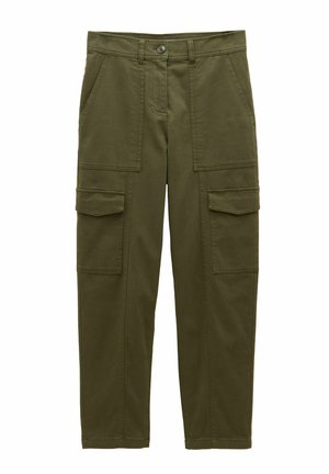 Olive green cargo pants made of cotton. Features multiple front pockets, straight leg design, and a button closure. Smooth texture.