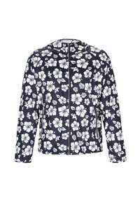Marinblå zip-jacka med huva, prydd med ett blommönster av vita hibiskusblommor. Tillverkad av ett mjukt, lätt material.