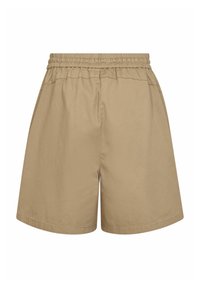 Pantaloni scurți din bumbac khaki, cu talie elastică și croială lejeră, prevăzuți cu două buzunare laterale și o textură netedă. Design simplu, fără modele.