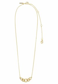 Collana in oro con un ciondolo a design intrecciato. La catena è sottile e delicata, dotata di un moschettone e lunghezza regolabile.