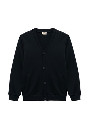Cárdigan negro con escote en V, cierre delantero de botones y dos bolsillos laterales. Fabricado con un material suave con un acabado texturizado.