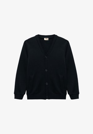 Zwarte cardigan met een V-hals, sluiting met knopen aan de voorkant en twee zijzakken. Gemaakt van een zachte stof met een gestructureerde afwerking.