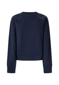 Felpa blu navy con collo a giro, maniche lunghe e decorazioni sulle spalle con gemme trasparenti che formano un motivo decorativo.
