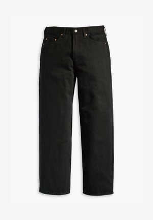 Jeans in denim nero con una vestibilità rilassata, dotati di cinque tasche e rivetti in rame, vita piatta e gambe dritte, texture liscia.