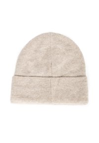 Jasnobeżowa dzianinowa czapka z miękką fakturą i podwiniętym mankietem. Prosty, bezszwowy wzór z subtelnymi różnicami kolorystycznymi.