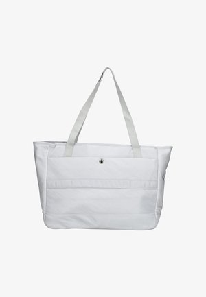 Biała torba na ramię wykonana z miękkiego materiału tekstylnego, z dwiema szarymi rączkami, przednią kieszenią oraz zapięciem na guzik z przodu. Minimalistyczny design.