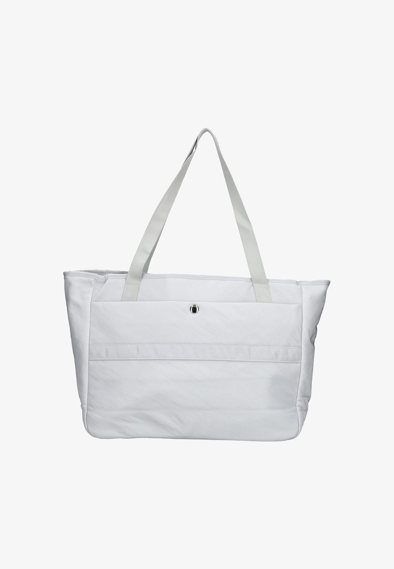 Bílá taška přes rameno vyrobená z měkkého textilu, se dvěma šedými popruhy, přední kapsou a knoflíkovým zapínáním vpředu. Minimalistický design.