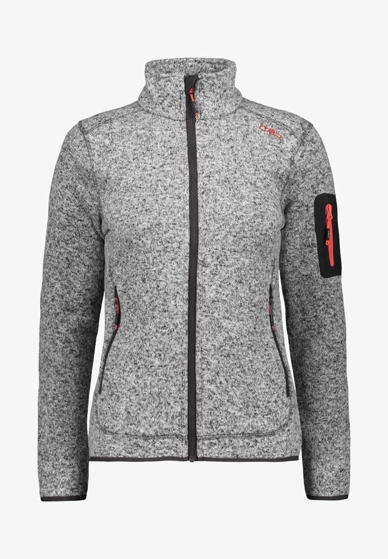 Veste polaire grise zippée intégrale avec col montant, fermetures éclair noires avec tirettes rouges et une poche zippée sur la manche gauche.