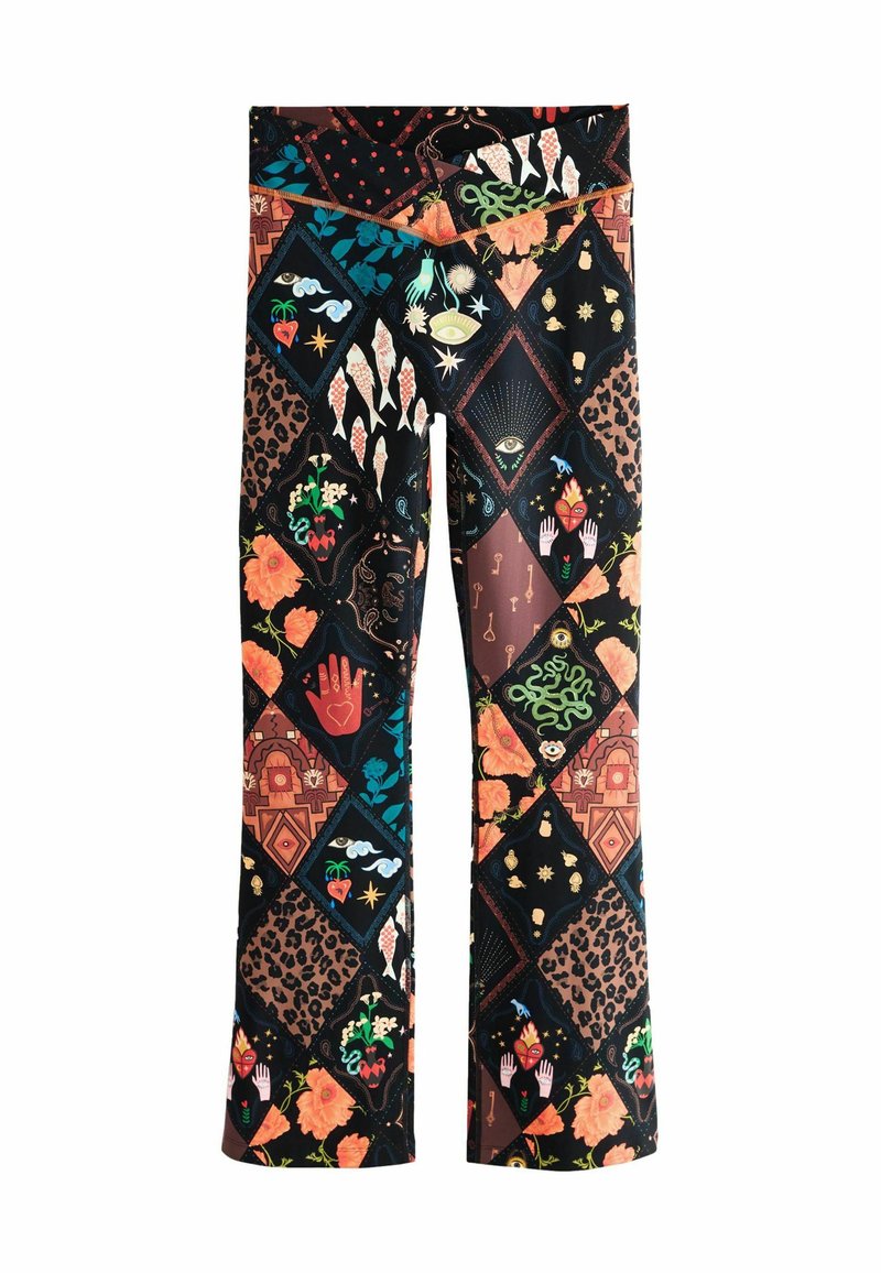 Dažādu krāsu zīmējumi legins, kas rotāti ar rombveida laukumiem, ziedu motīviem, roku attēliem un dzīvnieku rakstiem uz melna fona.