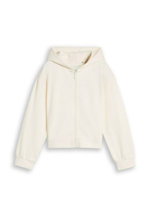 Sweat à capuche crème avec fermeture éclair, manches longues et poignets élastiques, présenté sur fond blanc.