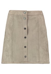Mini gonna in suede beige con taglio dritto, caratterizzata da una chiusura frontale con bottoni scuri e sottili dettagli di cucitura verticale.