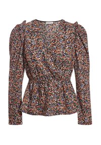 Långärmad blus med ett blommönster i orange, lila och grönt på en mörk bakgrund; strukturerade axlar och peplum midja.