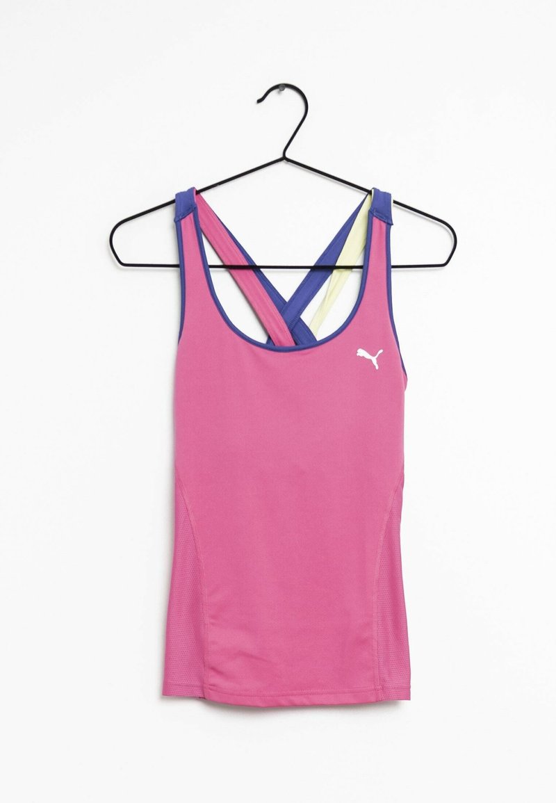 Top sportivo rosa con spalline incrociate, accentuato da blu e giallo. Realizzato in materiale liscio ed elasticizzato, adatto per lo sport.