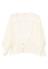 Kremowy, krótki kardigan o luźnym kroju, z głębokim dekoltem w kształcie litery V i dwoma drewnianymi guzikami, wykonany z lekkiego, teksturowanego materiału.