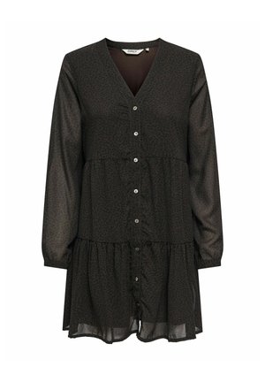 Robe noire avec motif léopard, manches longues, décolleté en V et boutonnage à l'avant. Design évasé à étagères avec une texture légère et fluide.