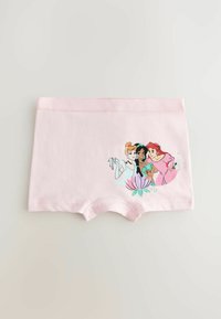 Rosa bomullsboxer med en grafisk avbildning av tre karaktärer mot en lotusblomma, med sydda sömmar och en mjuk midja.