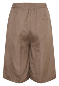 Pantaloni corti marroni a gamba larga, lunghezza al ginocchio, con cintura elastica e una tasca a filetto sul lato posteriore destro.