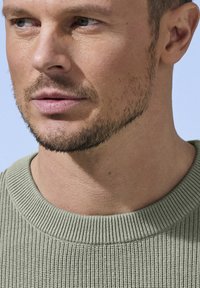 Strickpullover in Hellgrün mit geripptem Struktur und Rundhalsausschnitt, der dezente Details am Kragen und an den Schultern aufweist.