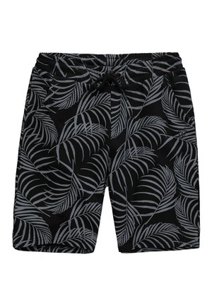 Short noir avec motif de feuilles de palmier grises, taille élastique et cordon noir à l'avant.