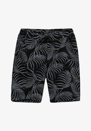 Schwarze Shorts mit grauem Palmenblattmuster, elastischem Bund und schwarzem Kordelzug vorne.