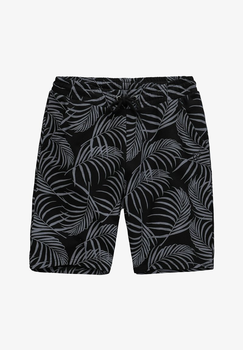 Short noir avec motif de feuilles de palmier grises, taille élastique et cordon noir à l'avant.