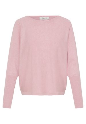 Gaiši rozā džemperis no mīkstas adītas materiāla. Tam ir apaļa kakla izgriezuma, garas piedurknes un ribots raksts aprocēs un apakšmalā.