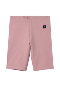 Roze katoenen shorts met een knoopsluiting bij de taille en een klein zwart logo-label op de achterkant, met een gladde textuur en rechte pasvorm.